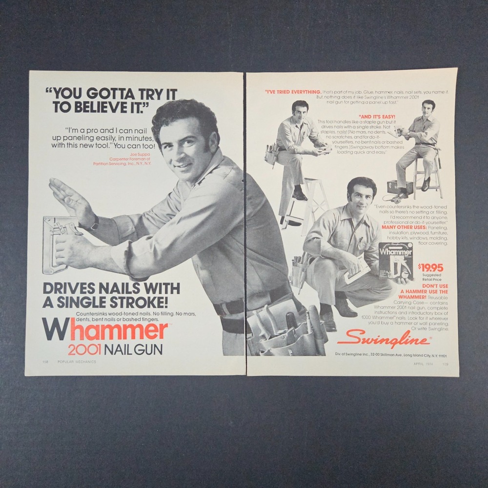 1974 Swingline Whammer 2001 Nail Gun Vintage Print Ad Joe Suppa Long Island City